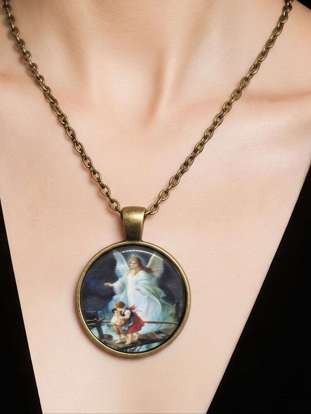Guardian Angel Necklace Plockhorst Painting Glass Pendant Christian Vintage Art